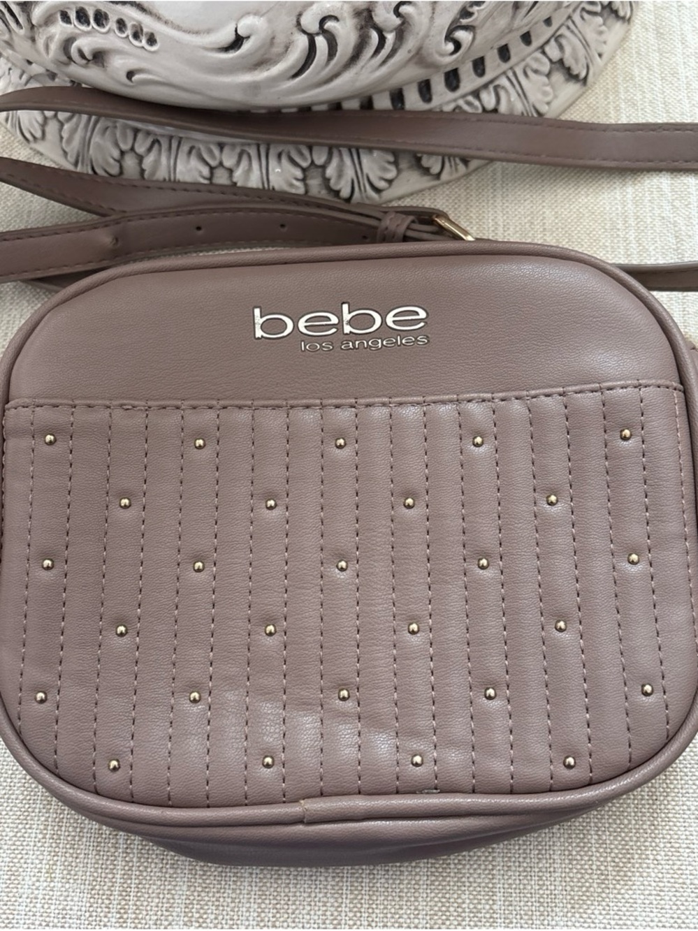 bebe Quilted Crossbody Bag in Taupe with Gold Studs